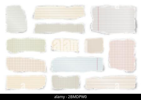 Gerissene farbige Papierstreifen. Realistische zerknitterte Papierfetzen mit abgerissenen Kanten. Linierte Fetzen von Notizbuchseiten. Vektorgrafik. Stock Vektor