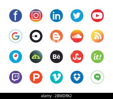 Flacher Stil Icon Set Design, Social Media Apps Multimedia Kommunikation und digitales Marketing Thema Vektor-Illustration Stock Vektor