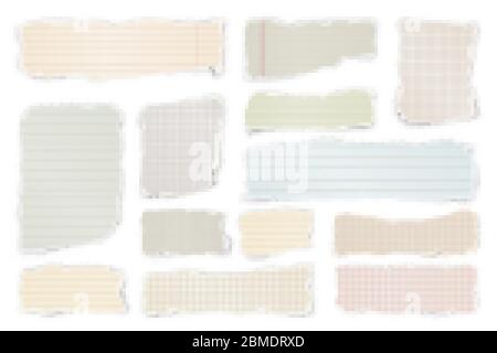 Gerissene farbige Papierstreifen. Realistische zerknitterte Papierfetzen mit abgerissenen Kanten. Linierte Fetzen von Notizbuchseiten. Vektorgrafik. Stock Vektor