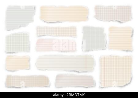 Gerissene farbige Papierstreifen. Realistische zerknitterte Papierfetzen mit abgerissenen Kanten. Linierte Fetzen von Notizbuchseiten. Vektorgrafik. Stock Vektor