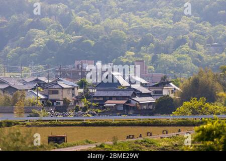 Kleines japanisches Dorf, umgeben von grünen Gras und Bäumen an einem sonnigen Tag Stockfoto