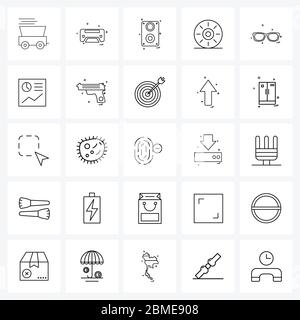 Einfaches Set von 25 Line Icons wie Brille, Brille, Lautsprecher, Brille, Kiwi Vector Illustration Stock Vektor