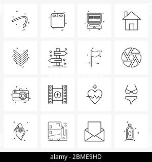 16 editierbare Vektorliniensymbole und moderne Symbole von Zeiger, Pfeil, Laptop, Gebäude, Haus Vektor Illustration Stock Vektor