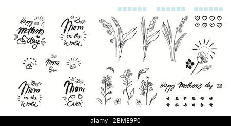 Muttertag Hand Beschriftung Kalligraphie Blume Set, Grußkarte, schwarzer Text, Wort, Kritzeln, Symbol. Linolschnitt, Tatoo-Stil. Handgeschriebene moderne Pinsel Schriftzug weißen Hintergrund isoliert Vektor Stock Vektor