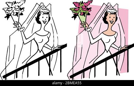 Ein Cartoon einer frisch verheirateten Braut, die sich bereit gemacht hat, ihren Blumenstrauß zu werfen. Stock Vektor
