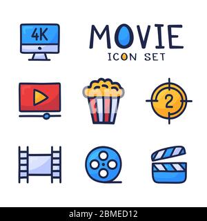 Einfache Menge von Kino Verwandte Vektor-Cartoon skizzieren Symbole. Enthält Symbole wie Film 4k, Popcorn, Video Clip und mehr. Hand zeichnen Vektor illustratio Stock Vektor