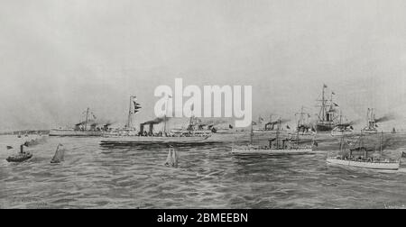 Guerra hispano-estadounidense o Guerra de Cuba. Conflicto bélico entre España y Estados Unidos en 1898, resultado de la intervención norteamericana en la guerra de independencia cubana. Marina de guerra española. Destructores y torpederos destinados a la isla de Cuba. De izquierda a derecha: Destructor, Halcón, Audaz y Ariete. Dibujo por Caula. Fotograf por Laporta. La Ilustración Española y Americana,15 de febrero de 1898. Stockfoto
