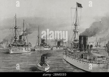 Guerra hispano-estadounidense o Guerra de Cuba. Conflicto bélico entre España y Estados Unidos en 1898, resultado de la intervención norteamericana en la guerra de independencia cubana. Marina de Guerra Norteamericana. De izquierda a derecha: Texas, Cushing e Indiana. Dibujo por A. de Caula. Fotograf por Laporta. La Ilustración Española y Americana,28 de febrero de 1898. Stockfoto