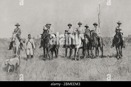 Guerra hispano-estadounidense o Guerra de Cuba. Conflicto bélico entre España y Estados Unidos en 1898, resultado de la intervención norteamericana en la guerra de independencia cubana. El titulado'Presidente de la República Cubana en Armas'entre los años 1897-1899, Bartolomé de Jesús Masó Márquez (1830-1907) y su acompañamiento. Fotograf por Laporta. La ilustración Española y Americana,15 de Marzo de 1898. Stockfoto