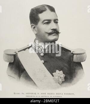 José María de Jesús Reina Barrios (1854-1898). Presidente de Guatemala entre 1892 y1898. Asesinado en la Capital de la República el Dia 8 de febrero de 1898. Retrato. Fotograf por Laporta. La Ilustración Española y Americana,15 de febrero de 1898. Stockfoto