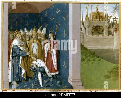 LUIS i'el Piadoso'o'el Bondadoso' (Ludovico Pio) (Chasseneuil,778-cerca de Ingelheim,840). Hijo de Carlomagno. Emperador de Occidente y rey de los francos (814-840). Heredó todo el Imperio en el año 814, luchando contra sus tres hijos (Pipino el Breve, Luis y Lotario). 'EL PAPA ADRIANO I CONSAGRA EN EL AÑO 780 EN ROMA AL HIJO DE CARLOMAGNO, LUIS I EL PIADOSO, REY DE AQUITANIA'. Biblioteca Nacional. París. Francia. Stockfoto