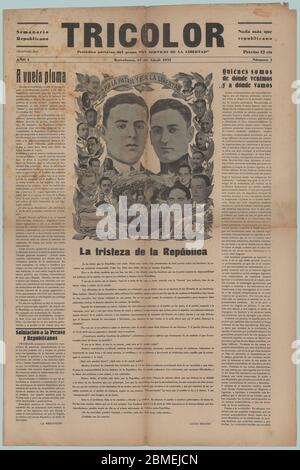 Portada del periódico republicano Tricolor, número uno. Barcelona, April 1932. Portada dedicada a los participantes en el intento de instaurar la república en España, conocido como insurrección de Jaca, los capitanes Ángel García Hernández (1900-1930), y Fermín Galán Rodríguez (1899-1930), por lo que fueron fusilados. Stockfoto