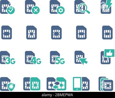 Satz flacher Symbole für SIM-Karten. 3G, 4G, 5G - Netz, mobiles Internet, EMV-Chip, Karten-Slot, Telefon-Chip und vieles mehr. Stock Vektor