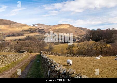 Die schneebedeckten Howgill Fells Hills erheben sich und binden die Stadt Sedbergh im Yorkshire Dales National Park. Stockfoto