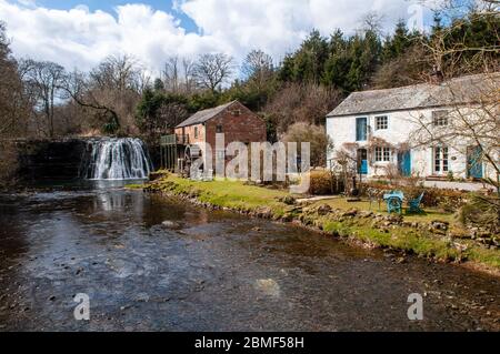 Hoff, England, UK - 30. März 2013: Der Hoff Beck Fluss stürzt über den Rutter Force Wasserfall neben Rutter Mill und Cottages in Cumbria. Stockfoto