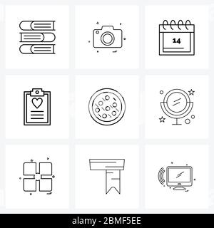 Mobile UI Line Icon Set von 9 modernen Piktogrammen von Pizza, Essen, Kalender, Herz, Notiz Vektor Illustration Stock Vektor