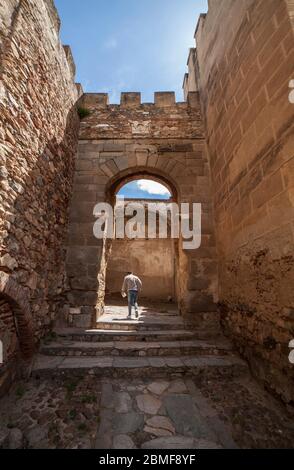 Hauptstadttor bei Badajoz Alcazaba, ummauerte Zitadelle der Almohade Ära, 12. Jahrhundert. Extremadura, Spanien Stockfoto