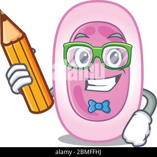 Eine hirnige Studentin bordetela pertussis Cartoon-Figur mit Bleistift und Brille Stock Vektor