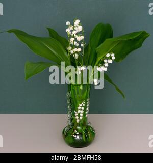 Eine Frühlingsansicht der Maiglöckchen blüht in einer grünen viktorianischen Vase Stockfoto