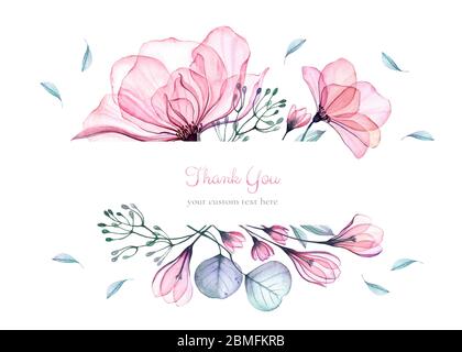 Aquarell florale Karte Vorlage. Bouquet mit großen rosa Rosen, türkisfarbenen Blättern. Vielen Dank, benutzerdefinierter Text. Isolierte handgezeichnete Illustration mit abstrakter Darstellung Stockfoto