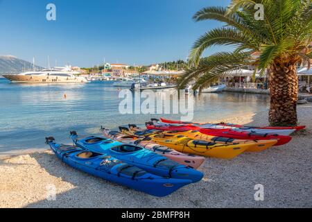 Kajaks am Strand neben einer Palme in Fiskardo, Kefalonia, Ionische Inseln, Griechenland Stockfoto