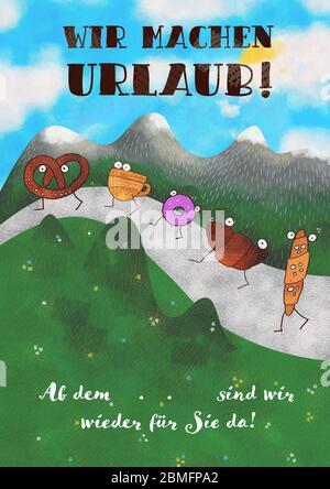 Flyer für Geschäft, Geschäft oder Geschäft Schaufenster. Text in Deutsch Wir machen Urlaub, in Englisch Wir sind im Urlaub. Für Bäckerei oder Café. Stockfoto