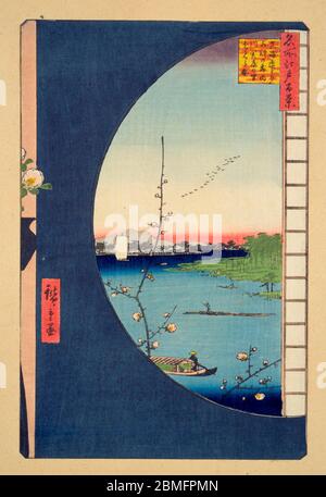 [ 1850er Japan - Sumidagawa River ] - Blick auf den Sumidagawa River in Edo (aktuelle Tokyo) durch ein rundes Fenster, 1857 (Ansei 4). Dieser Holzschnitt ist Bild 36 in hundert berühmten Ansichten von Edo (名所江戸百景, Meisho Edo Hyakkei), einer Serie von Ukiyoe Künstler Utagawa Hiroshige (歌川広重, 1797–1858) erstellt. Es ist eine von 42 Frühlingsszenen der Serie. Titel: Blick von Massaki des Suijin Schreines, Uchigawa Inlet und Sekiya (真崎辺より水神の森内川関屋の里を見る図, Massaki atari yori Suijin no mori Uchigawa Sekiya no sato wo miru zu) 19. Jahrhundert Vintage Ukiyoe Holzschnitt drucken. Stockfoto