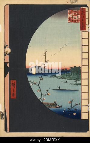 [ 1850er Japan - Sumidagawa River ] - Blick auf den Sumidagawa River in Edo (aktuelle Tokyo) durch ein rundes Fenster, 1857 (Ansei 4). Dieser Holzschnitt ist Bild 36 in hundert berühmten Ansichten von Edo (名所江戸百景, Meisho Edo Hyakkei), einer Serie von Ukiyoe Künstler Utagawa Hiroshige (歌川広重, 1797–1858) erstellt. Es ist eine von 42 Frühlingsszenen der Serie. Titel: Blick von Massaki des Suijin Schreines, Uchigawa Inlet und Sekiya (真崎辺より水神の森内川関屋の里を見る図, Massaki atari yori Suijin no mori Uchigawa Sekiya no sato wo miru zu) 19. Jahrhundert Vintage Ukiyoe Holzschnitt drucken. Stockfoto