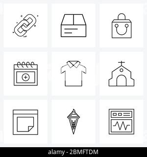 Satz von 9 Linien Symbol Zeichen und Symbole des Kleides, Monat, Tasche, Tag, Kalender Vektor Illustration Stock Vektor