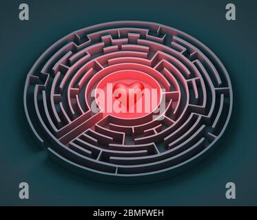 Die komplexe Welt der Emotionen. Rotes Herz in einem Labyrinth versteckt. Liebeskonzept. 3d-Rendering Stockfoto