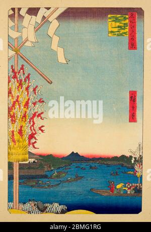 [ 1850er Jahre Japan - Rückkehr der Pilger ] - Pilger, die in Booten auf dem Sumidagawa Fluss in Edo (aktuelle Tokyo), 1857 (Ansei 4). Dieser Holzschnitt ist Bild 60 in hundert berühmten Ansichten von Edo (名所江戸百景, Meisho Edo Hyakkei), einer Serie von Ukiyoe Künstler Utagawa Hiroshige (歌川広重, 1797–1858) erstellt. Es ist eine von 30 Sommerszenen der Serie. Titel: Asakusa River, Miyato River, Great Riverbank (浅草川大川端宮戸川, Asakusagawa Okawabata Miyatogawa) 19. Jahrhundert Vintage Ukiyoe Holzschnitt. Stockfoto