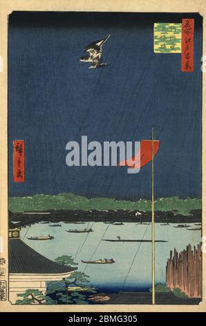 [ 1850er Japan - Sumidagawa River ] - Boote auf dem Sumidagawa River in der Nähe der Azumabashi-Brücke im Asakusa-Bezirk von Edo (aktuelle Tokyo), 1857 (Ansei 4). Dieser Holzschnitt ist Bild 62 in hundert berühmten Ansichten von Edo (名所江戸百景, Meisho Edo Hyakkei), einer Serie von Ukiyoe Künstler Utagawa Hiroshige (歌川広重, 1797–1858) erstellt. Es ist eine von 30 Sommerszenen der Serie. Titel: Komakata Hall und Azuma Bridge (駒形堂吾嬬橋, Komakatado Azumabashi) 19. Jahrhundert Vintage Ukiyoe Holzschnitt. Stockfoto