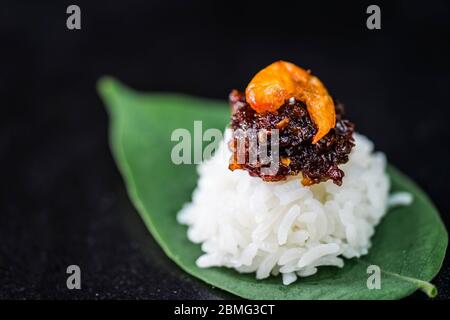 Würzige Chilischote mit gedämpftem Reis auf dunklem Hintergrund Stockfoto