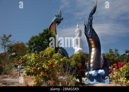 Große blaue Naka und weiße buddha-Statue im Wat ROI Phra Phutthabat Phu Manorom für thai-Menschen und Ausländer Reisende Reise Besuch und Respekt beten Stockfoto