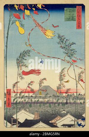 [ 1850er Japan - Tanabata Star Festival ] - Dekorationen für das Tanabata Matsuri Festival in Edo (heute Tokio), 1857 (Ansei 4). Im Hintergrund sind Edo Castle und Mount Fuji zu sehen. Dieser Holzschnitt ist Bild 73 in hundert berühmten Ansichten von Edo (名所江戸百景, Meisho Edo Hyakkei), einer Serie von Ukiyoe Künstler Utagawa Hiroshige (歌川広重, 1797–1858) erstellt. Es ist eine von 26 Herbstszenen der Serie. Titel: Die Stadt blüht, das Tanabata Festival (市中繁栄七夕祭, Shichū han'ei Tanabata matsuri) 19. Jahrhundert Vintage Ukiyoe Holzschnitt. Stockfoto