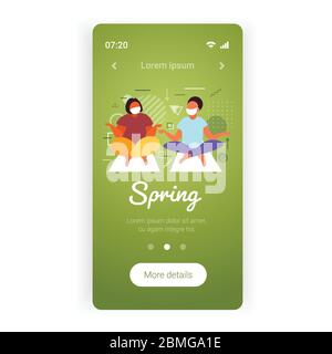 afroamerikanisches Paar in medizinischen Masken sitzende Lotus Pose und meditieren Coronavirus Pandemie Quarantäne Konzept Smartphone-Bildschirm mobile App kopieren Raum volle Länge Vektor Illustration Stock Vektor
