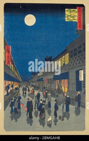 [ 1850er Japan - Edo Theater Street ] - Menschen, die an Theatern in Saruwaka-Cho (im aktuellen Asakusa) in Edo (aktuelle Tokio), 1856 (Ansei 3). Kabuki, Bunraku Puppenspiel und andere Theater wurden 1841 zwangsweise in dieses Gebiet verlegt (Tenpo 12). Dieser Holzschnitt ist Bild 90 in hundert berühmten Ansichten von Edo (名所江戸百景, Meisho Edo Hyakkei), einer Serie von Ukiyoe Künstler Utagawa Hiroshige (歌川広重, 1797–1858) erstellt. Titel: Nachtansicht von Saruwaka-machi (猿わか町よるの景, Saruwaka-machi yoru no kei) Vintage Ukiyoe Holzschnitt aus dem 19. Jahrhundert. Stockfoto