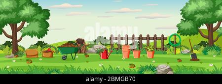 Hintergrund-Szene mit Gartengeräten in der Gartenillustration Stock Vektor