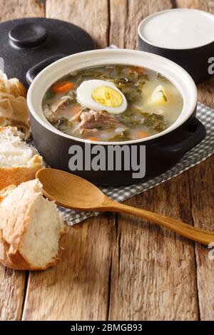 Heißer hellgrüner Borsch aus Sauerampfer, Gemüse, Eier mit Fleisch serviert mit Brot und Sauerrahm Nahaufnahme auf dem Tisch. Vertikal Stockfoto