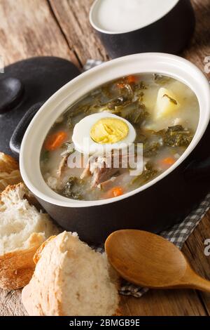 Sommerlicher saurer grüner Borsch mit Sauerampfer, Gemüse, Fleisch und Ei serviert mit Brot und saurer Sahne Nahaufnahme auf dem Tisch. Vertikal Stockfoto