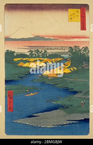 [ 1850er Japan - Landdörfer und Fuji ] - Dörfer entlang eines Ausganges des Edogawa Flusses in Edo (heute Tokio), 1856 (Ansei 3). Edo Bay und Mount Fuji sind im Hintergrund zu sehen. Dieser Holzschnitt ist Bild 96 in hundert berühmten Ansichten von Edo (名所江戸百景, Meisho Edo Hyakkei), einer Serie von Ukiyoe Künstler Utagawa Hiroshige (歌川広重, 1797–1858) erstellt. Es ist eine von 26 Herbstszenen der Serie. Titel: Horie und Nekozane (堀江ねこざね, Horie Nekozane) Vintage Ukiyoe Holzschnitt aus dem 19. Jahrhundert. Stockfoto