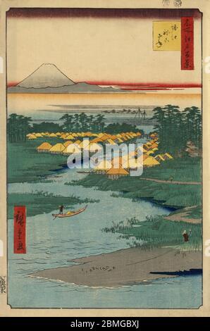 [ 1850er Japan - Landdörfer und Fuji ] - Dörfer entlang eines Ausganges des Edogawa Flusses in Edo (heute Tokio), 1856 (Ansei 3). Edo Bay und Mount Fuji sind im Hintergrund zu sehen. Dieser Holzschnitt ist Bild 96 in hundert berühmten Ansichten von Edo (名所江戸百景, Meisho Edo Hyakkei), einer Serie von Ukiyoe Künstler Utagawa Hiroshige (歌川広重, 1797–1858) erstellt. Es ist eine von 26 Herbstszenen der Serie. Titel: Horie und Nekozane (堀江ねこざね, Horie Nekozane) Vintage Ukiyoe Holzschnitt aus dem 19. Jahrhundert. Stockfoto