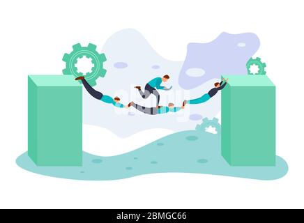 Flache Vektor-Illustration eines Mannes, der einen Laptop hält, der über die Hilfe seiner Freunde läuft, um zu überqueren. Das Konzept der Teamarbeit. Mit einer Kombination aus Blau. Stock Vektor