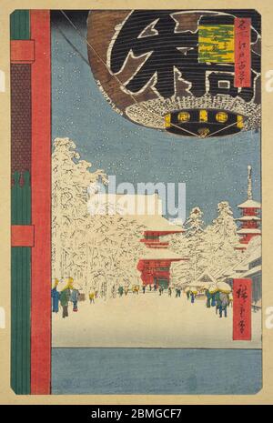 [ 1850er Japan - Sensoji Tempel, Asakusa ] - Kaminarimon Tor, Hozomon und die Pagode des Sensoji Tempels in Asakusa, Edo (aktuelle Tokyo) im Schnee, 1856 (Ansei 3). Dieser Holzschnitt ist Bild 99 in hundert berühmten Ansichten von Edo (名所江戸百景, Meisho Edo Hyakkei), einer Serie von Ukiyoe Künstler Utagawa Hiroshige (歌川広重, 1797–1858) erstellt. Es ist eine von 20 Winterszenen der Serie. Titel: Kinryuzan Tempel in Asakusa (浅草金龍山, Asakusa Kinryuzan) 19. Jahrhundert Vintage Ukiyoe Holzschnitt. Stockfoto