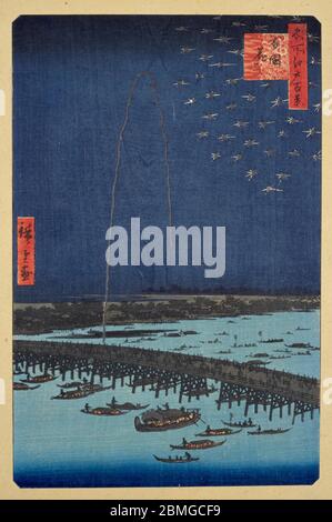 [ 1850er Japan - Ryogokubashi Feuerwerk ] - Boote gefüllt mit Passagieren genießen das Feuerwerk an der Ryogokubashi Brücke über den Sumidagawa Fluss in Edo (aktuelle Tokio), 1858 (Ansei 5). Dieser Holzschnitt ist Bild 98 in hundert berühmten Ansichten von Edo (名所江戸百景, Meisho Edo Hyakkei), einer Serie von Ukiyoe Künstler Utagawa Hiroshige (歌川広重, 1797–1858) erstellt. Es ist eine von 26 Herbstszenen der Serie. Titel: Feuerwerk von Ryogoku Brücke (両国花火, Ryogoku hanabi) 19. Jahrhundert Vintage Ukiyoe Holzschnitt drucken. Stockfoto