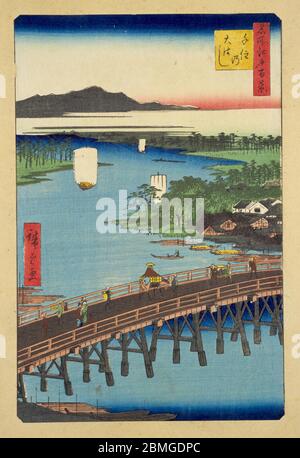 [ 1850er Japan - Arakawa River ] - Menschen, die die Senju Ohashi Brücke über den Arakawa River in Edo (aktuelle Tokyo), 1856 (Ansei 3). Dieser Holzschnitt ist Bild 103 in hundert berühmten Ansichten von Edo (名所江戸百景, Meisho Edo Hyakkei), einer Serie von Ukiyoe Künstler Utagawa Hiroshige (歌川広重, 1797–1858) erstellt. Es ist eine von 20 Winterszenen der Serie. Titel: Senju Ohashi (千住の大はし, Senju no ohashi) Vintage Ukiyoe Holzschnitt aus dem 19. Jahrhundert. Stockfoto