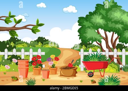 Hintergrund-Szene mit Gartengeräten in der Park-Illustration Stock Vektor