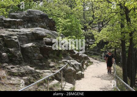 Thale, Deutschland. Mai 2020. Besucher des Harzes wandern an einem sonnigen Frühlingstag hoch über dem Bodetal zum Aussichtspunkt Roßtrappe. Die Roßtrappe, ein 403 Meter hoher Granitfelsen, ist für viele Wanderer ein beliebtes Ausflugsziel im Harz. Quelle: Matthias Bein/dpa-Zentralbild/ZB/dpa/Alamy Live News Stockfoto