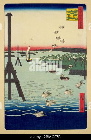 [ 1850er Japan - Edo Bay ] - Vögel fliegen über A-Frame-Kanalmarkierungen und Boote plündern die Gewässer der Edo Bay bei Shibaura in Edo (aktuelle Tokio), 1856 (Ansei 3). Auf der rechten Seite kann man die Hamarikyu Gärten sehen. Dieser Holzschnitt ist Bild 108 in hundert berühmten Ansichten von Edo (名所江戸百景, Meisho Edo Hyakkei), einer Serie von Ukiyoe Künstler Utagawa Hiroshige (歌川広重, 1797–1858) erstellt. Es ist eine von 20 Winterszenen der Serie. Titel: Ansicht der Shiba-Küste (芝うらの風景, Shibaura no fukei) Vintage Ukiyoe Holzschnitt des 19. Jahrhunderts. Stockfoto