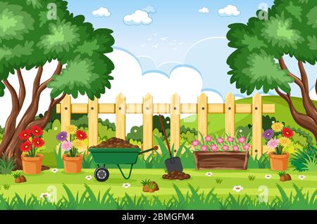 Hintergrund-Szene mit Gartengeräten in der Park-Illustration Stock Vektor